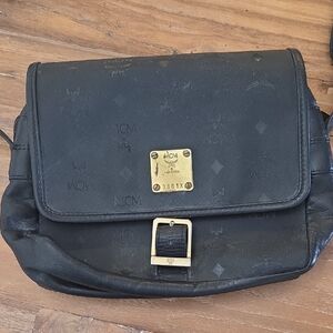 MCM Black Leather Shoulder Bag with Gold Accents